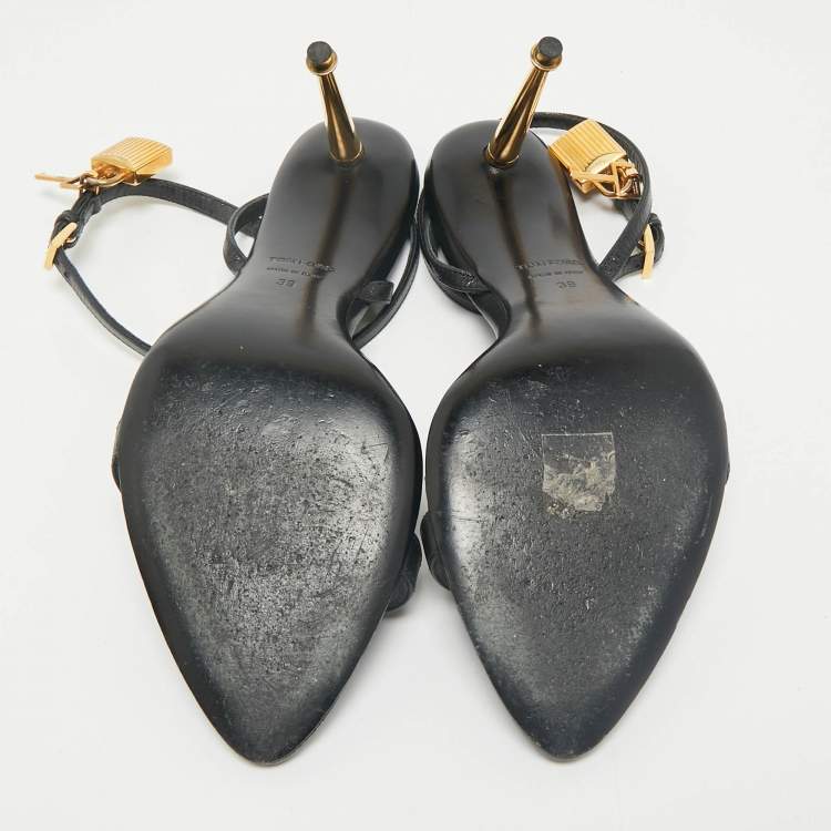 Pre Owned Tom Ford Black Leather Padlock Ankle Strap Sandals Size 39