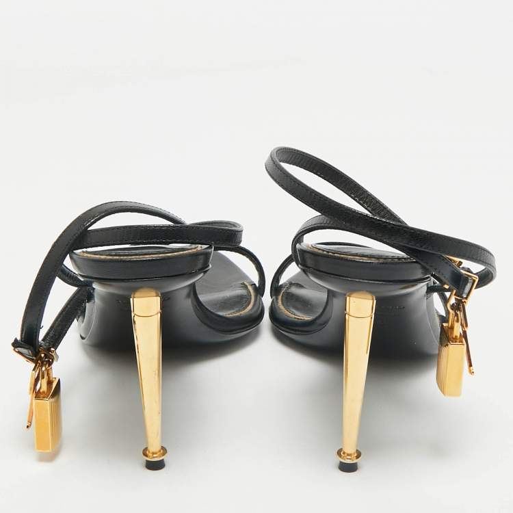 Pre Owned Tom Ford Black Leather Padlock Ankle Strap Sandals Size 39