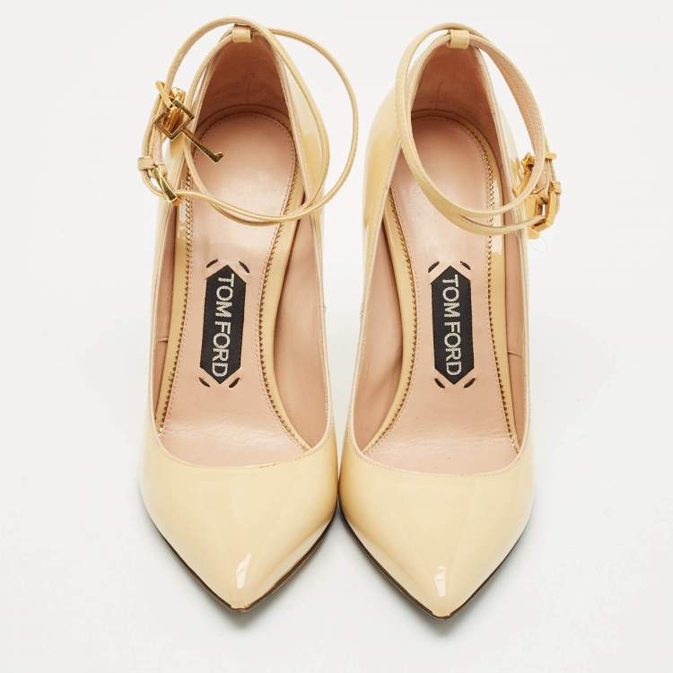 Pre Owned Tom Ford Beige Leather Padlock Ankle Wrap Pumps Size 38