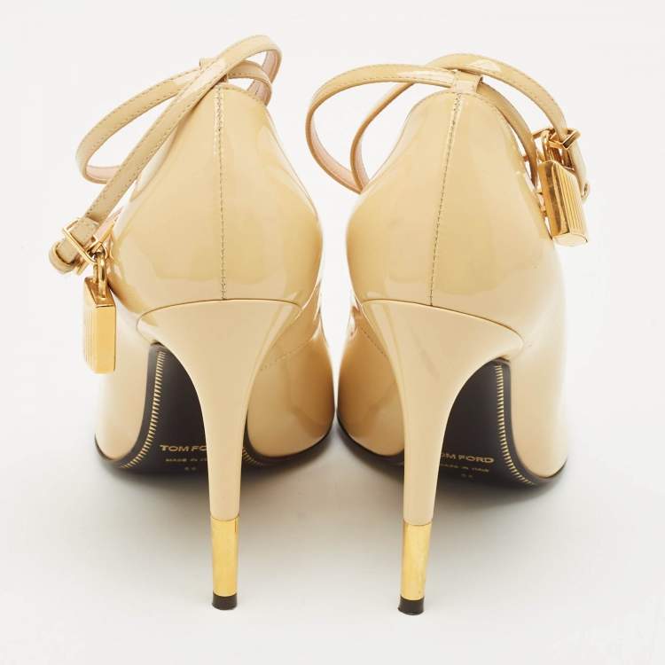 Pre Owned Tom Ford Beige Leather Padlock Ankle Wrap Pumps Size 38
