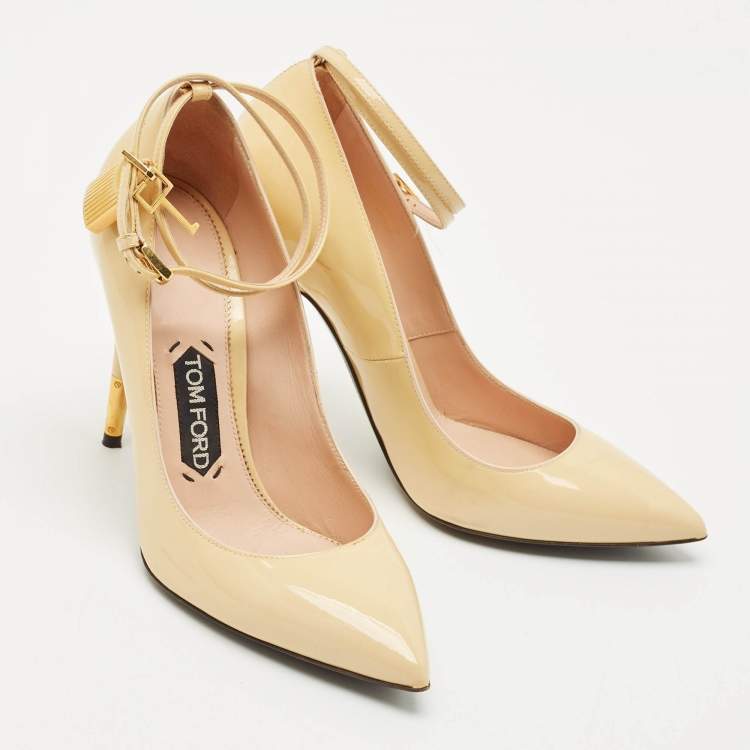 Pre Owned Tom Ford Beige Leather Padlock Ankle Wrap Pumps Size 38