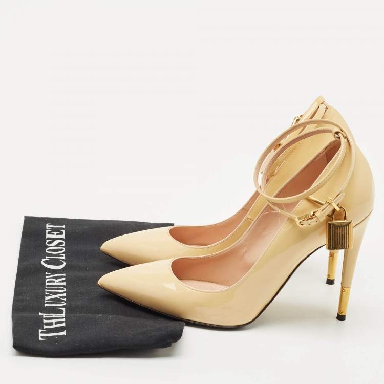 Pre Owned Tom Ford Beige Leather Padlock Ankle Wrap Pumps Size 38