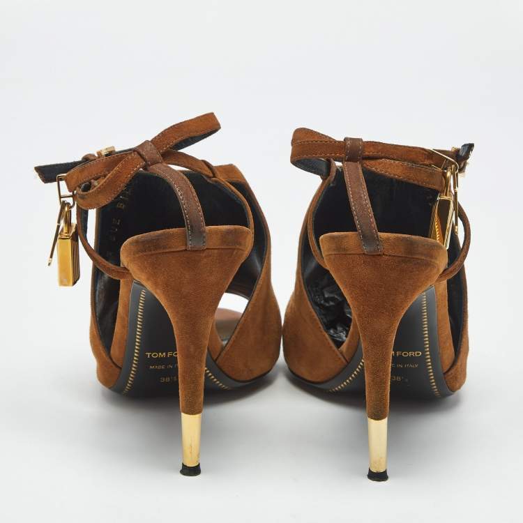 Pre Owned Tom Ford Brown Suede Padlock Ankle Wrap Open Toe Sandals Size 38.5