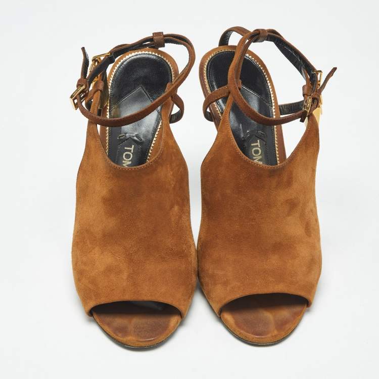 Pre Owned Tom Ford Brown Suede Padlock Ankle Wrap Open Toe Sandals Size 38.5
