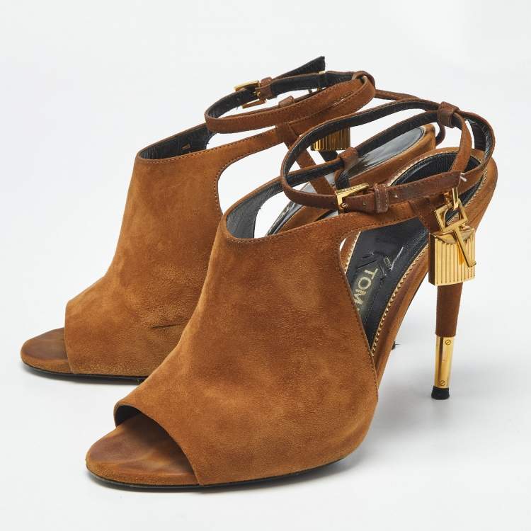 Pre Owned Tom Ford Brown Suede Padlock Ankle Wrap Open Toe Sandals Size 38.5