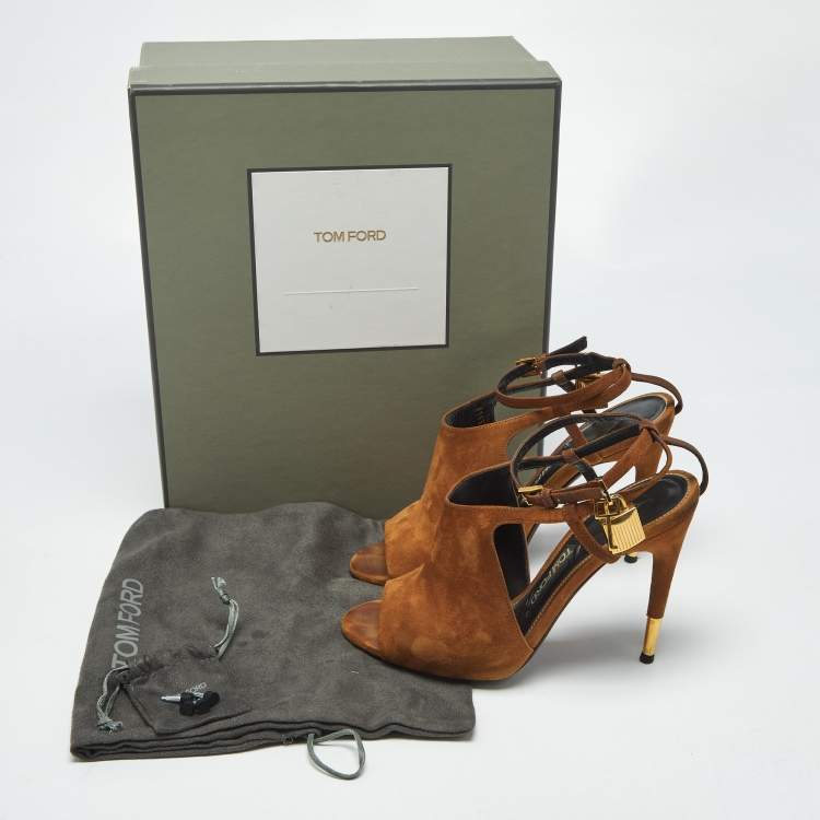 Pre Owned Tom Ford Brown Suede Padlock Ankle Wrap Open Toe Sandals Size 38.5