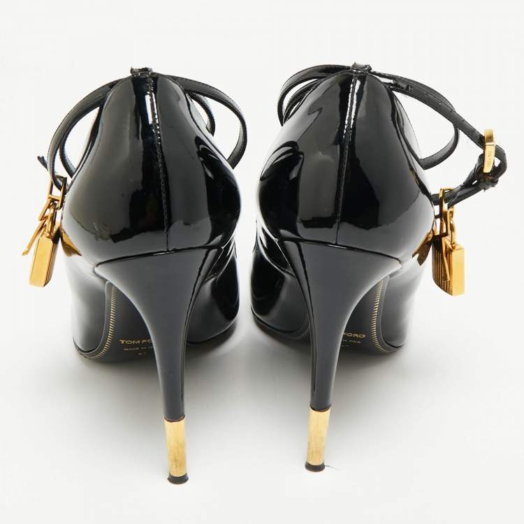 Pre Owned Tom Ford Black Patent Leather Padlock Ankle Wrap Pointed Toe Pumps Size 41