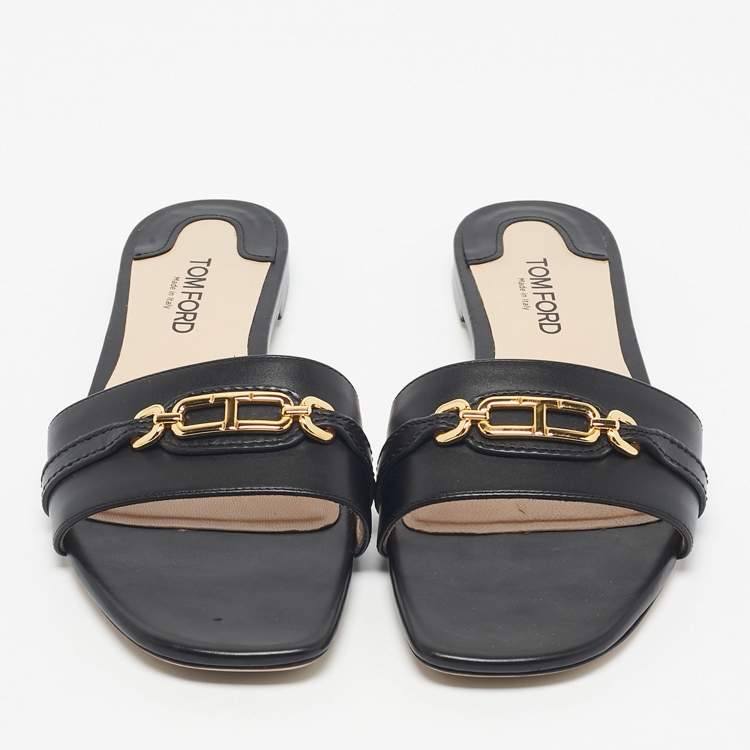 Pre Owned Tom Ford Black Leather Embellished Flat Slides Size 39