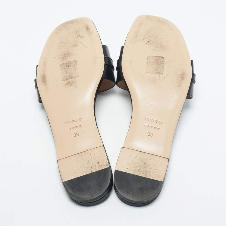 Pre Owned Tom Ford Black Leather Embellished Flat Slides Size 39