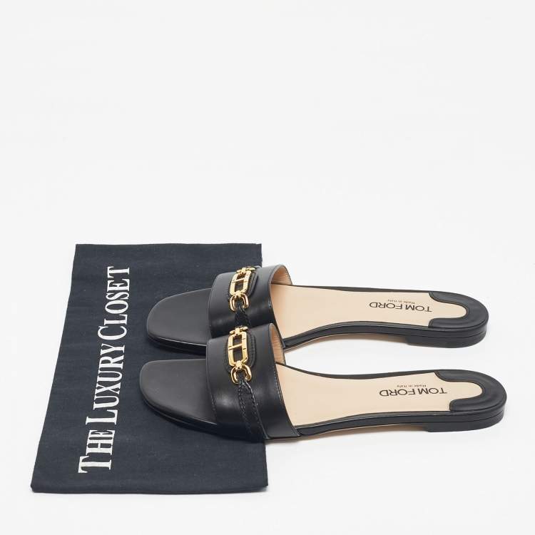 Pre Owned Tom Ford Black Leather Embellished Flat Slides Size 39