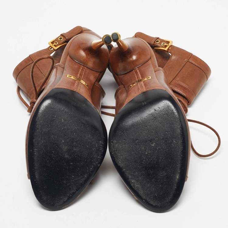 Pre Owned Tom Ford Brown Leather Cutout Ankle Length Boots Size 38