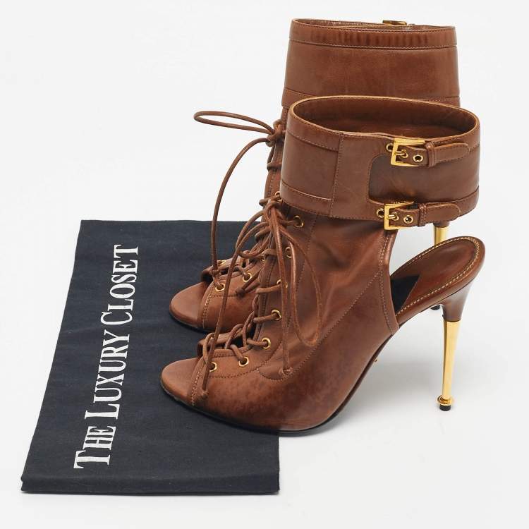 Pre Owned Tom Ford Brown Leather Cutout Ankle Length Boots Size 38