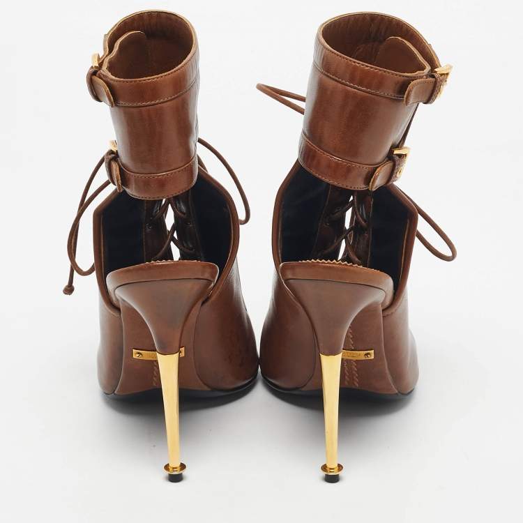 Pre Owned Tom Ford Brown Leather Cutout Ankle Length Boots Size 38