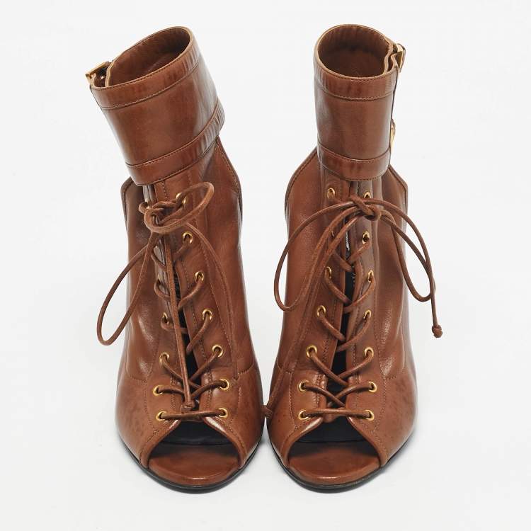 Pre Owned Tom Ford Brown Leather Cutout Ankle Length Boots Size 38