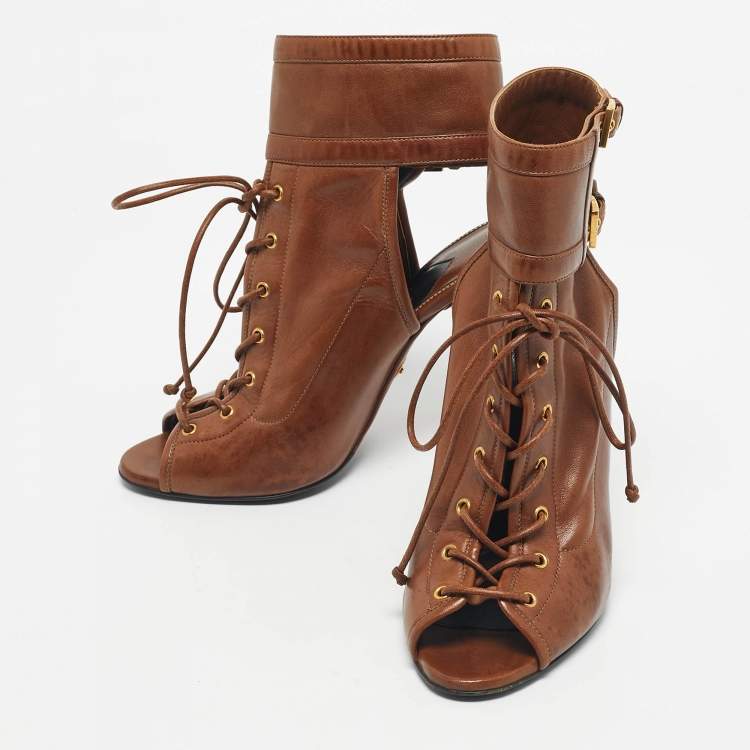 Pre Owned Tom Ford Brown Leather Cutout Ankle Length Boots Size 38