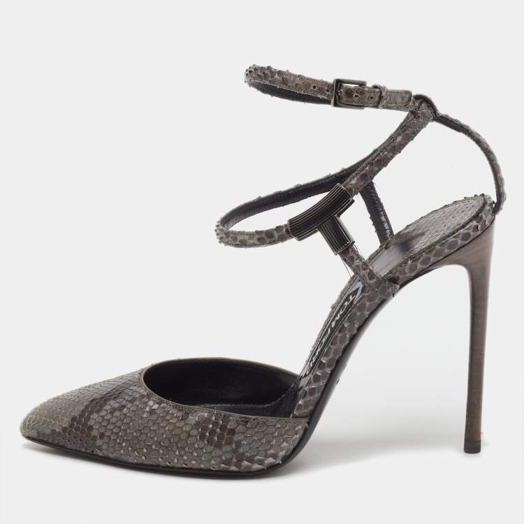 Pre Owned Tom Ford Grey/Brown Snakeskin Leather Pointed Toe Ankle Strap Pumps Size 37