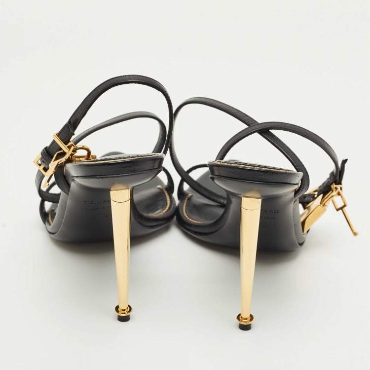 Pre Owned Tom Ford Black Leather Padlock Ankle Strap Sandals Size 37.5