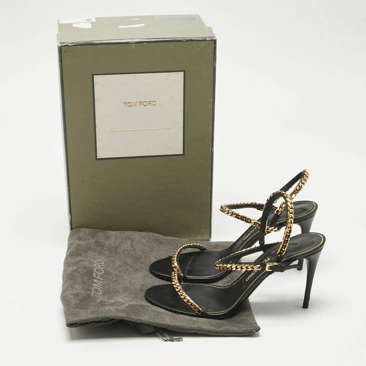 Pre Owned Tom Ford Black Leather Chain Embellish Ankle Strap Sandals Size 40