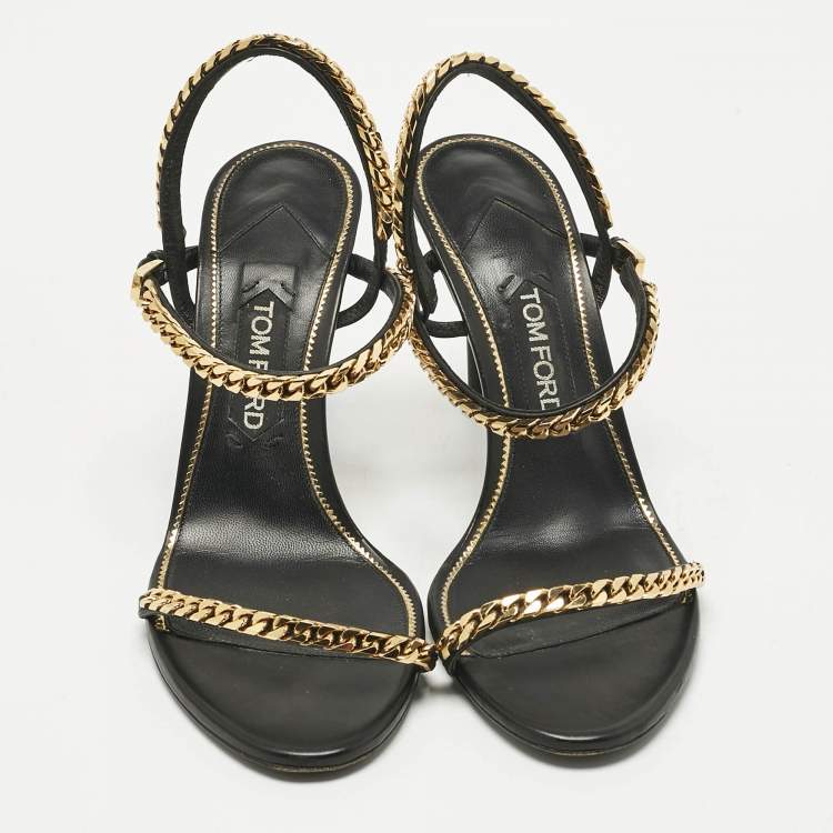 Pre Owned Tom Ford Black Leather Chain Embellish Ankle Strap Sandals Size 40