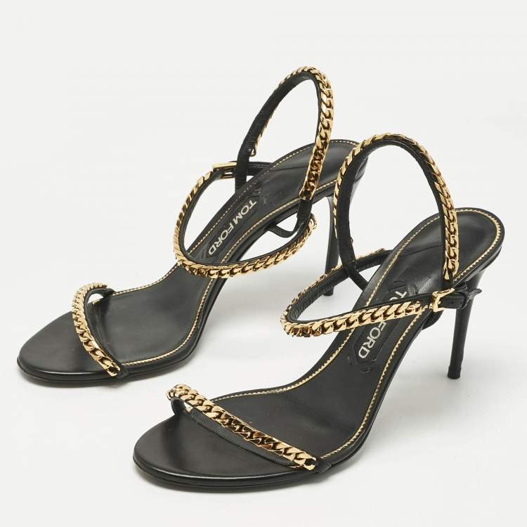 Pre Owned Tom Ford Black Leather Chain Embellish Ankle Strap Sandals Size 40