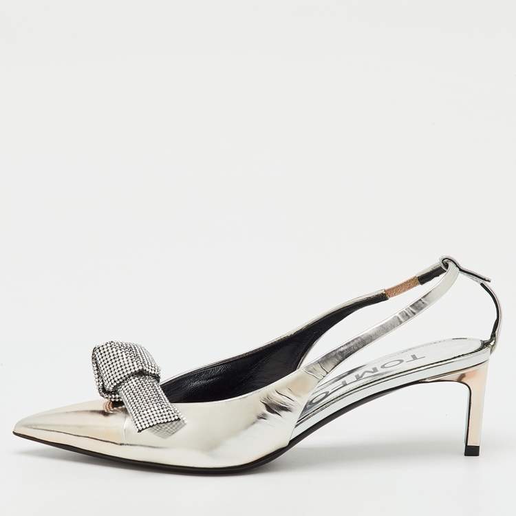 Pre Owned Tom Ford Silver Leather Embellished Bow Slingback Pumps Size 37.5