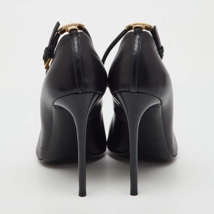 Pre Owned Tom Ford Black Leather Pointed Toe Ankle Strap Pumps Size 38