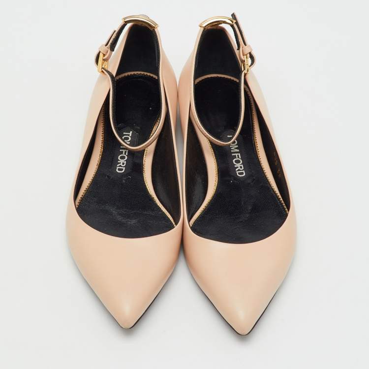 Pre Owned Tom Ford Beige Leather Pointed Toe Ankle Strap Ballet Flats Size 38