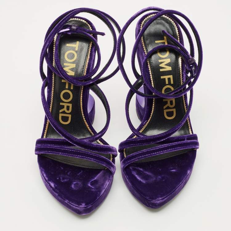 Pre Owned Tom Ford Purple Velvet Wavy Wedge Sandals Size 36