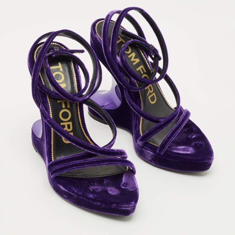 Pre Owned Tom Ford Purple Velvet Wavy Wedge Sandals Size 36