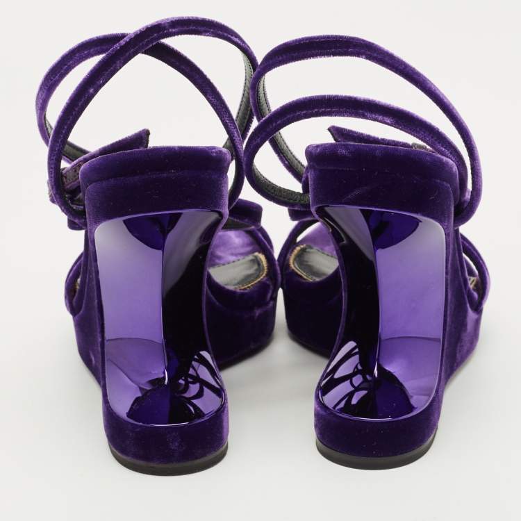 Pre Owned Tom Ford Purple Velvet Wavy Wedge Sandals Size 36