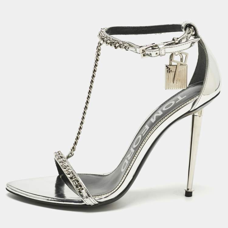 Pre Owned Tom Ford Silver Patent Leather Padlock Chain Ankle Strap Sandals Size 36