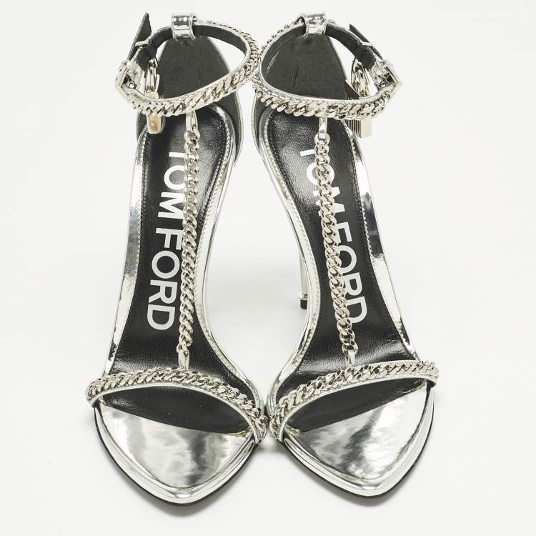 Pre Owned Tom Ford Silver Patent Leather Padlock Chain Ankle Strap Sandals Size 36