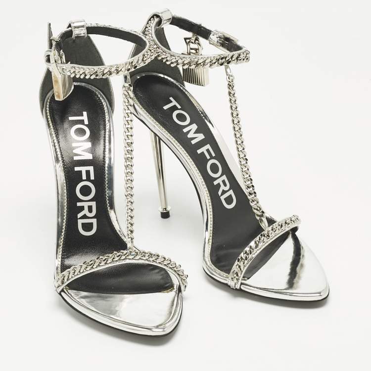Pre Owned Tom Ford Silver Patent Leather Padlock Chain Ankle Strap Sandals Size 36