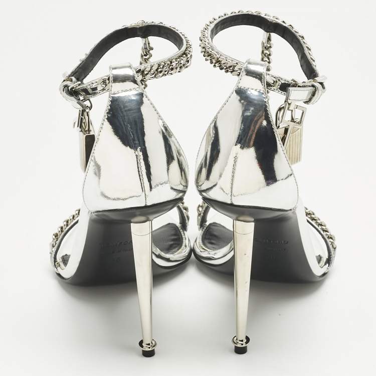 Pre Owned Tom Ford Silver Patent Leather Padlock Chain Ankle Strap Sandals Size 36