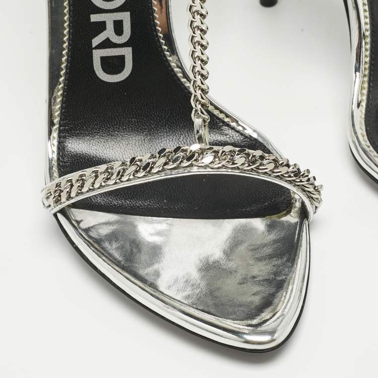 Pre Owned Tom Ford Silver Patent Leather Padlock Chain Ankle Strap Sandals Size 36