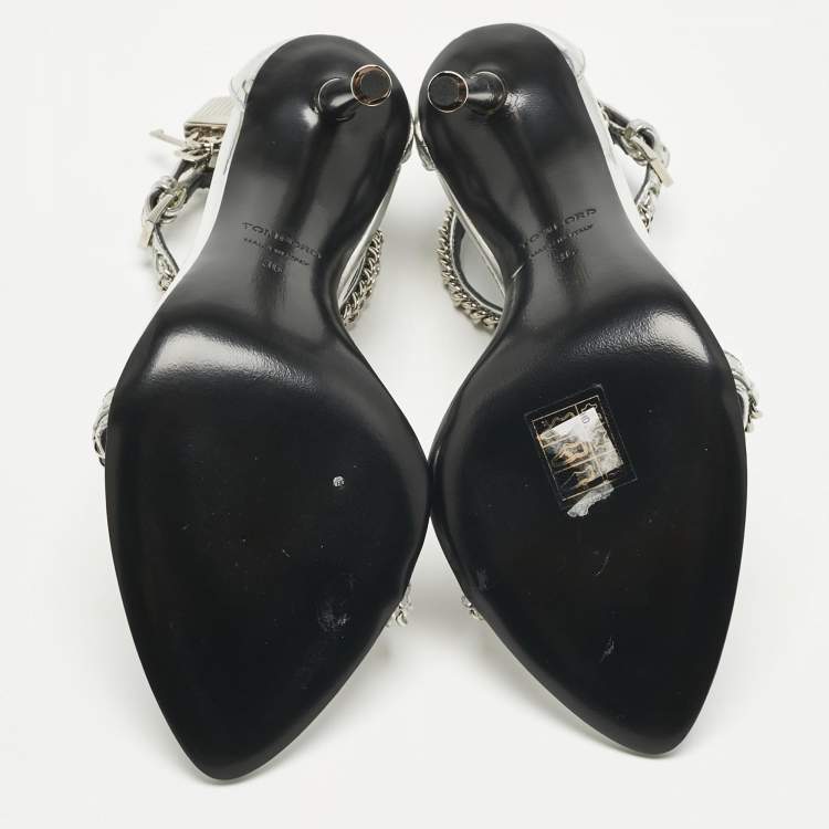 Pre Owned Tom Ford Silver Patent Leather Padlock Chain Ankle Strap Sandals Size 36