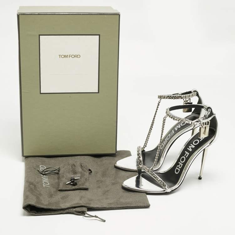 Pre Owned Tom Ford Silver Patent Leather Padlock Chain Ankle Strap Sandals Size 36