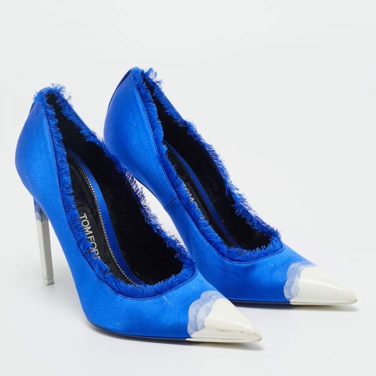 Pre Owned Tom Ford Blue/White Satin Pointed Toe Pumps Size 40