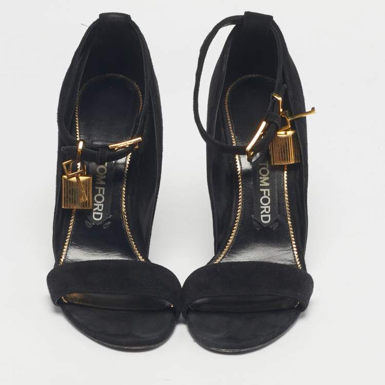 Pre Owned Tom Ford Black Suede Padlock Ankle Strap Sandals Size 38