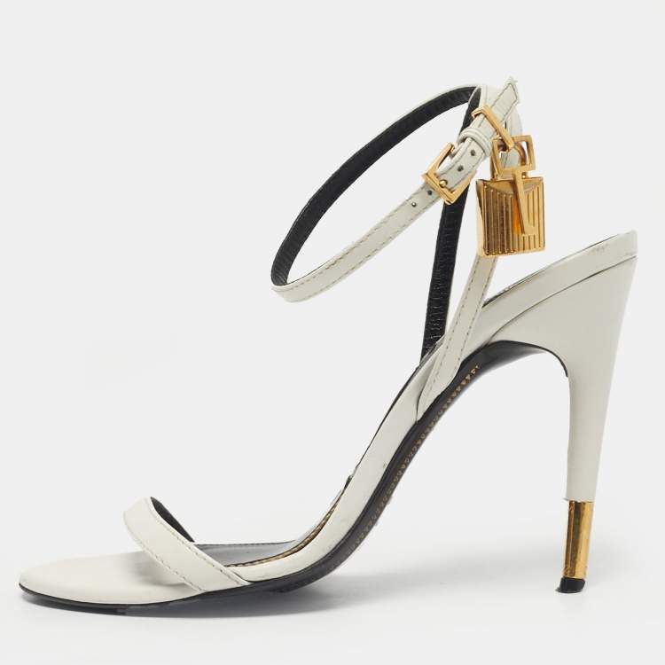 Pre Owned Tom Ford White Leather Padlock Chain Ankle Strap Sandals Size 37.5