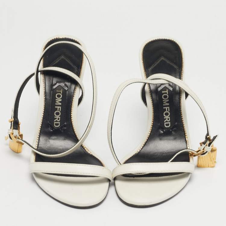 Pre Owned Tom Ford White Leather Padlock Chain Ankle Strap Sandals Size 37.5