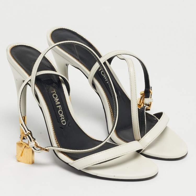 Pre Owned Tom Ford White Leather Padlock Chain Ankle Strap Sandals Size 37.5