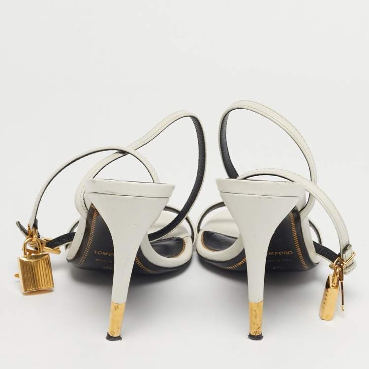 Pre Owned Tom Ford White Leather Padlock Chain Ankle Strap Sandals Size 37.5