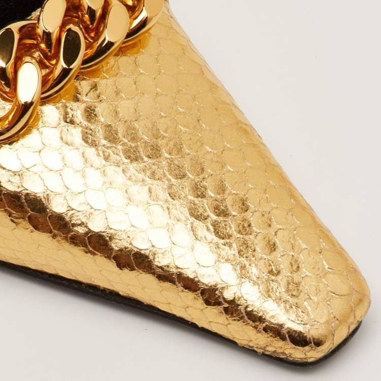 Pre Owned Tom Ford Size 40.5 Gold Python Embossed Leather Chain Link Slingback Pumps