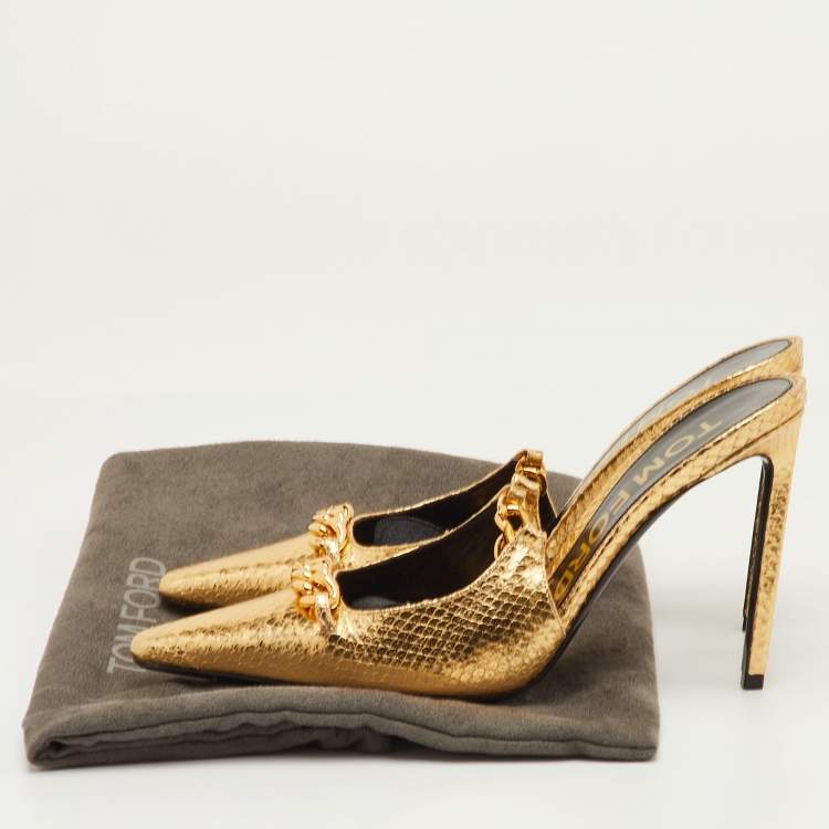 Pre Owned Tom Ford Size 40.5 Gold Python Embossed Leather Chain Link Slingback Pumps