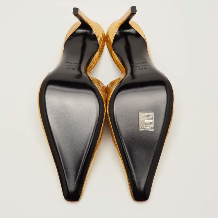 Pre Owned Tom Ford Size 40.5 Gold Python Embossed Leather Chain Link Slingback Pumps