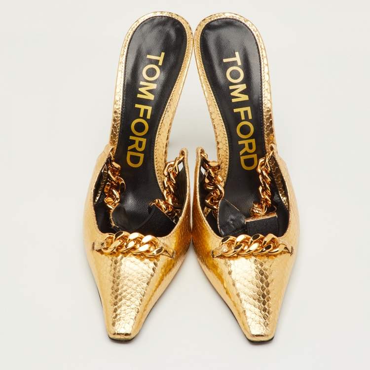 Pre Owned Tom Ford Size 40.5 Gold Python Embossed Leather Chain Link Slingback Pumps