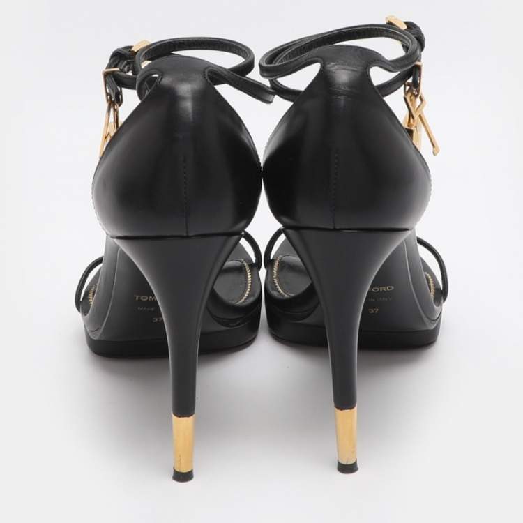 مملوكة مسبقًا Tom Ford Padlock Size 37 Black Leather Ankle Strap Sandals