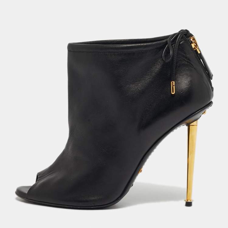 Pre Owned Tom Ford Size 38 Black Leather Peep Toe Ankle Length Boots