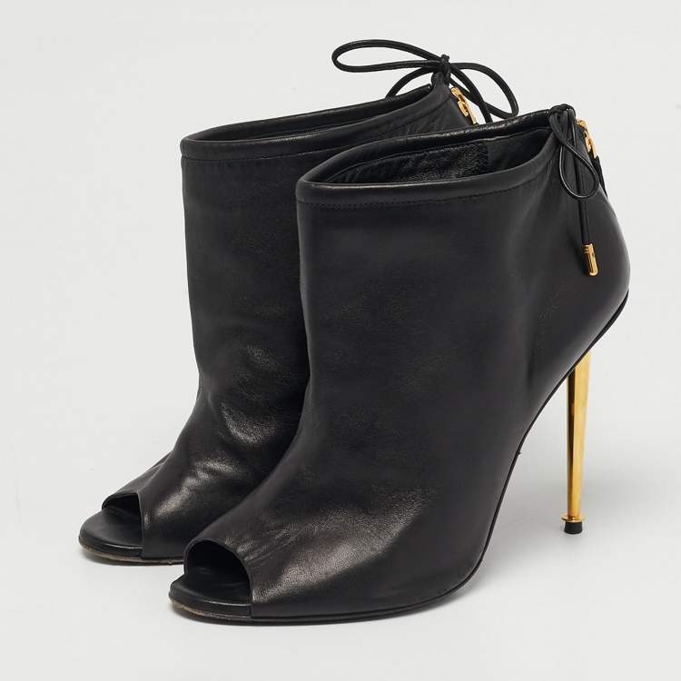 Pre Owned Tom Ford Size 38 Black Leather Peep Toe Ankle Length Boots